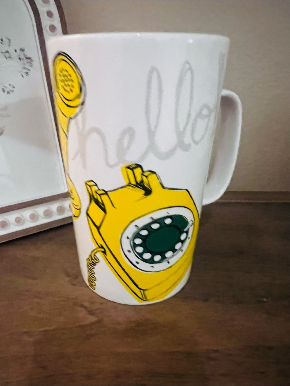 2015 STARBUCKS Tall Ceramic Mug Yellow Telephone "HELLO" 16oz Unique
